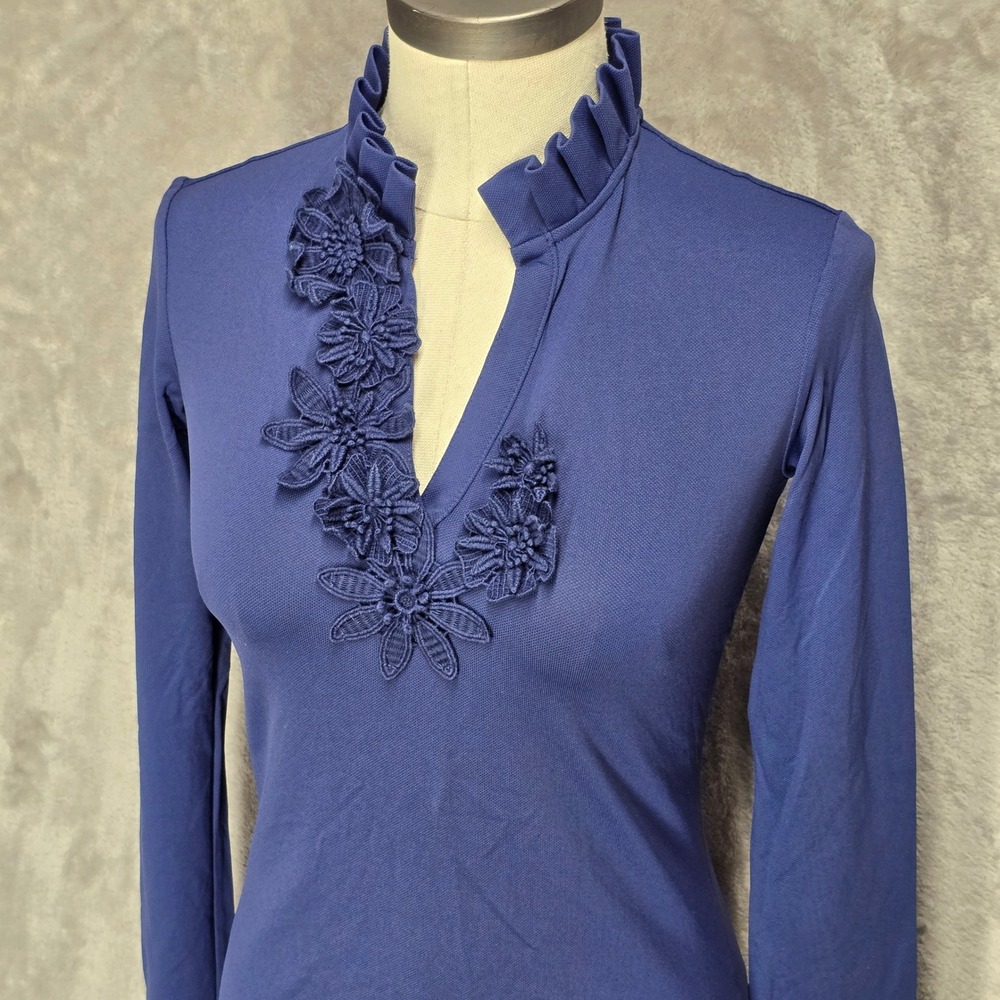 Lilly Pulitzer Luxletic Top Womens XXS Blue Floral Ruffle Preppy Athleisure Golf - Picture 12 of 12